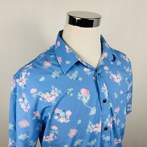 Upsaint XL Hawaiian Aloha Shirt Blue Pink Floral Poly Blend Save the Turtles
